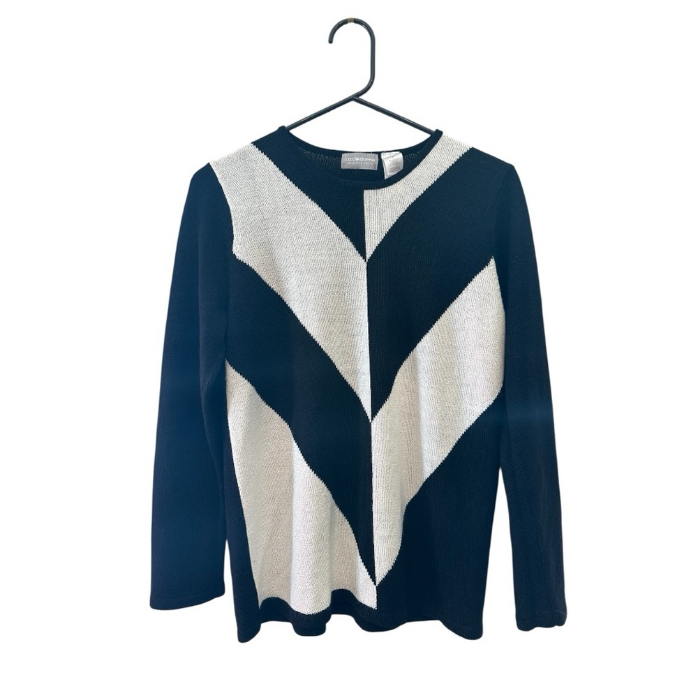 Vintage Y2K Era Liz Claiborne Black & White Chevron Knit Top Petite Small